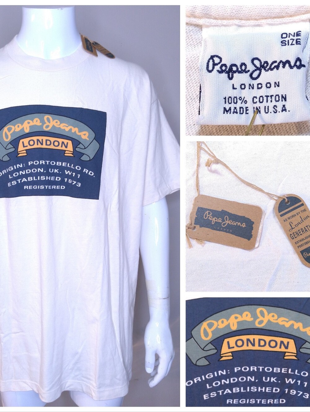 PEPE JEANS LONDON Vintage T Shirt ONE SIZE New with Tags Vtg 90s Y2K LARGE NWT
